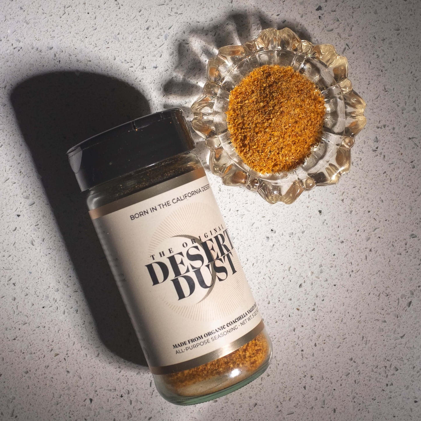 Original Desert Dust jar with loose dust to show texture. Unique popcorn topping.