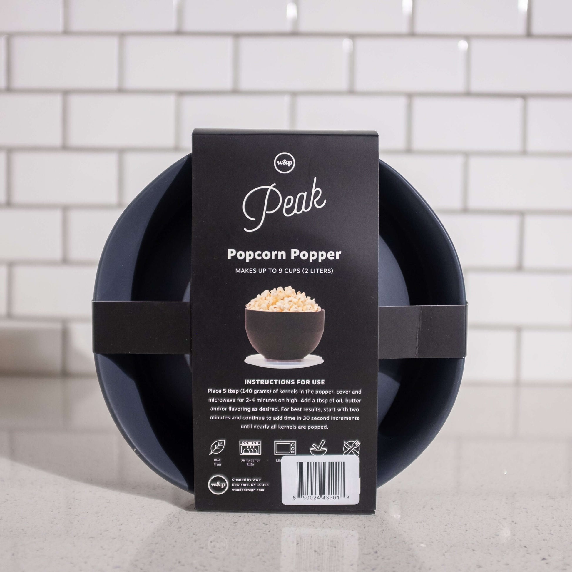 Black silicone microwave popcorn popper, by W&P. Back.