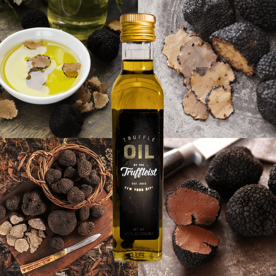 Truffle oil jar with background images of flavors featured in the jar (truffles).