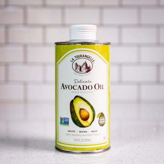 Avocado Oil for popping and finishing popcorn by La Tourangelle, front of the aluminum bottle