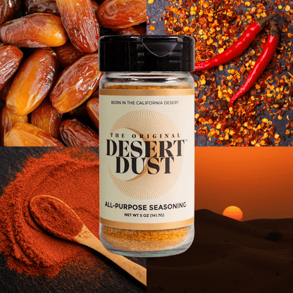 Desert Dust jar with background images of flavors featured in the jar. Dates, chili peppers, paprika, desert sunset.