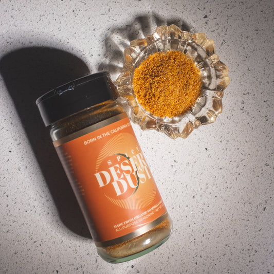 Spicy Desert Dust jar with loose dust to show texture. Unique popcorn topping.