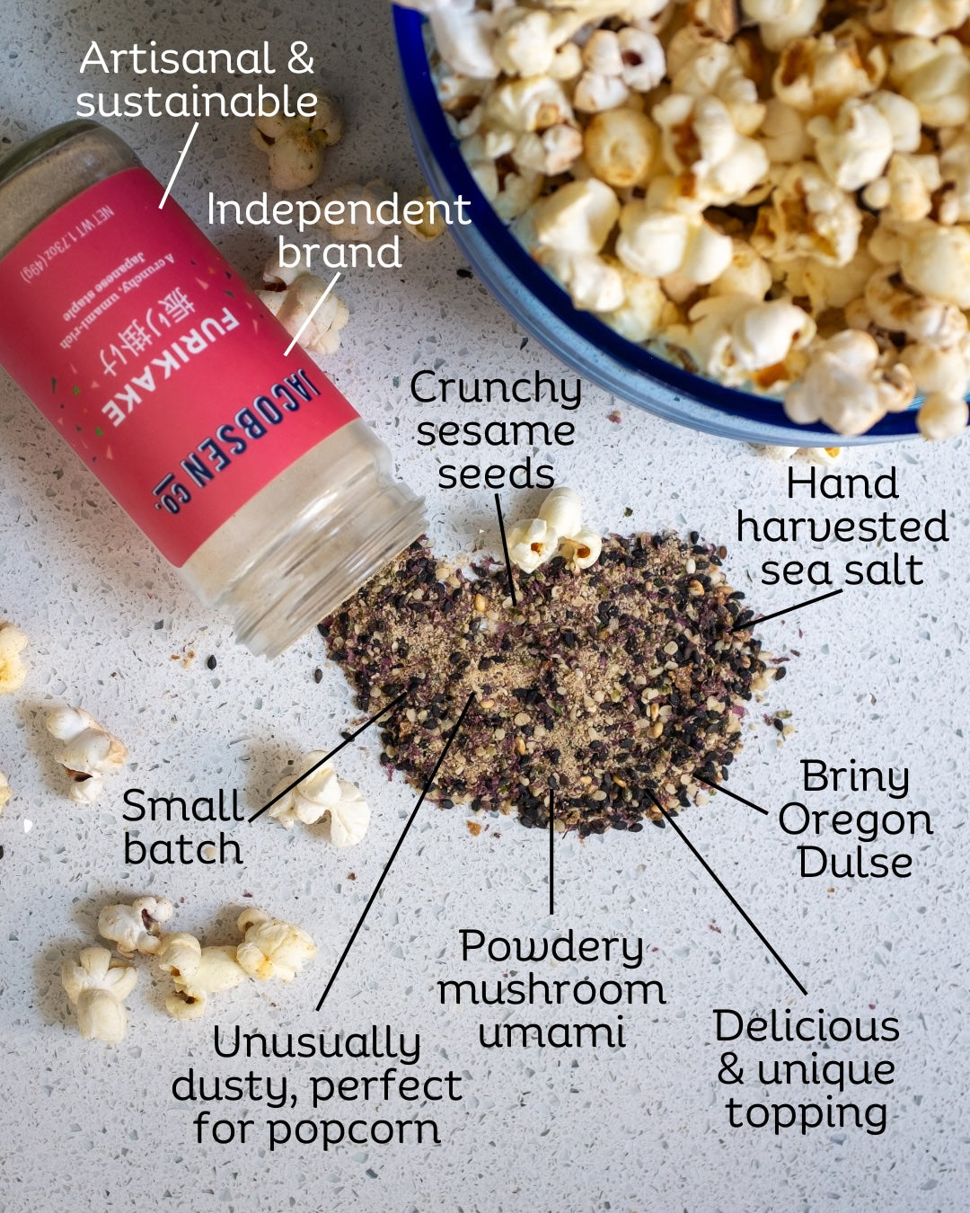 Jar of Furikake popcorn seasoning with popcorn and words describing the furikake texture and features