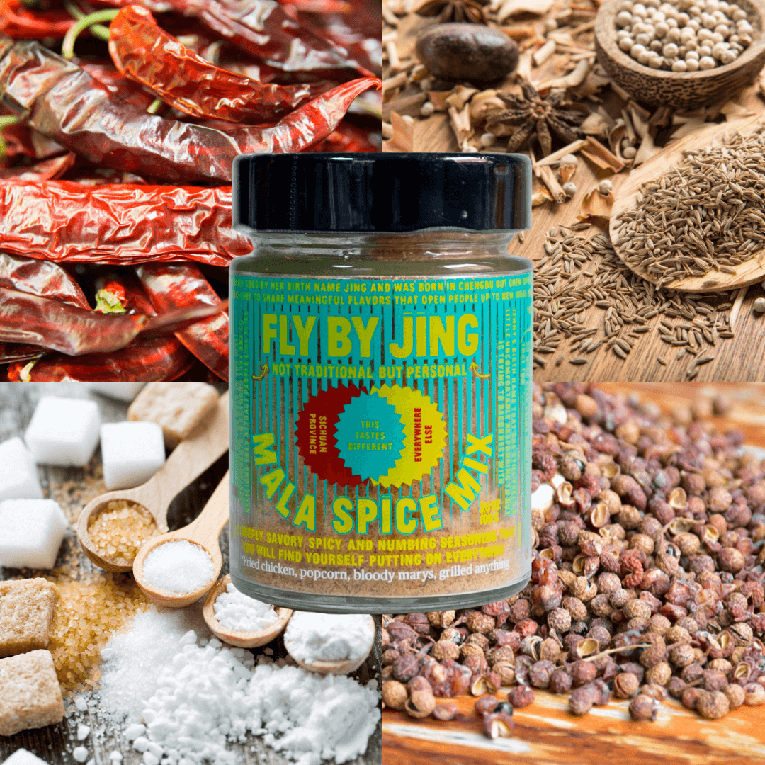 Mala spice mix jar with background images of flavors featured in the mix: tribute pepper, cumin, salt, sugar, chili peppers.