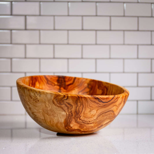 Beautiful hand crafted olivewood serving bowl, side