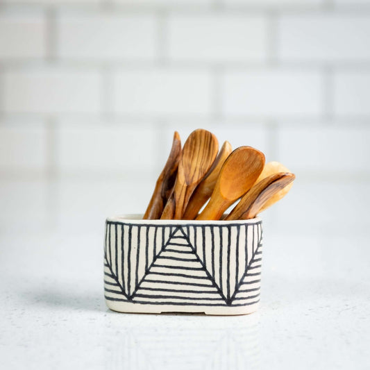 Beautiful hand crafted olivewood salt scoops in a cute container