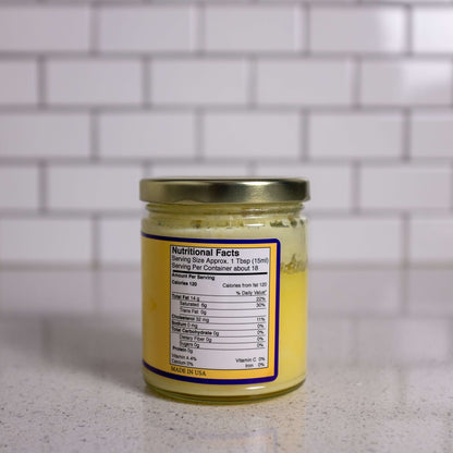 Jar of ghee (clarified butter) for popping popcorn. Back of the jar with nutrition facts.